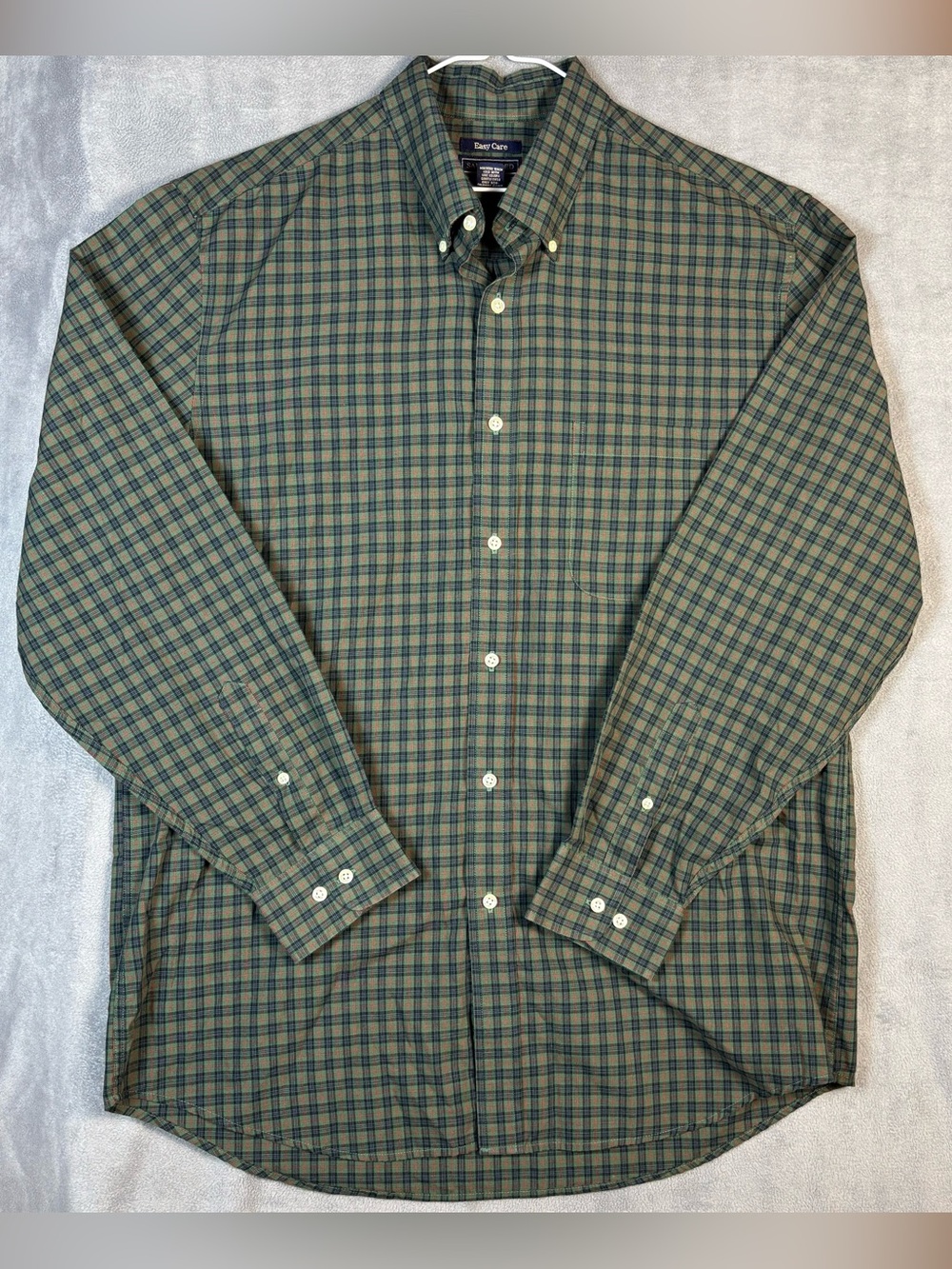 Saddlebred Men L Shirt‎ Long Sleeve Button Down Green Plaid Easy Care Cotton